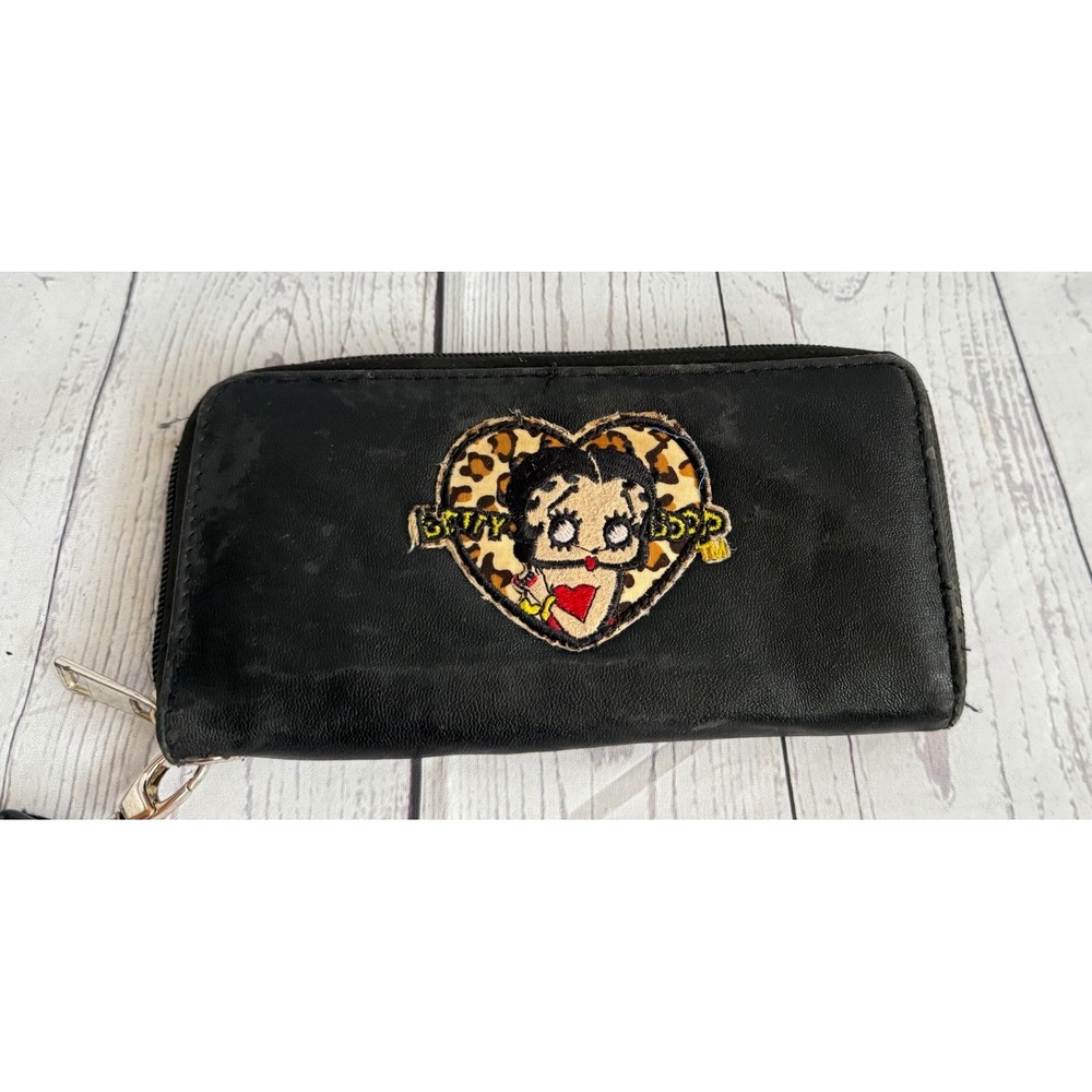 Vintage Betty Boop Heart Leopard Print Zip Around Wallet Black Faux Leather